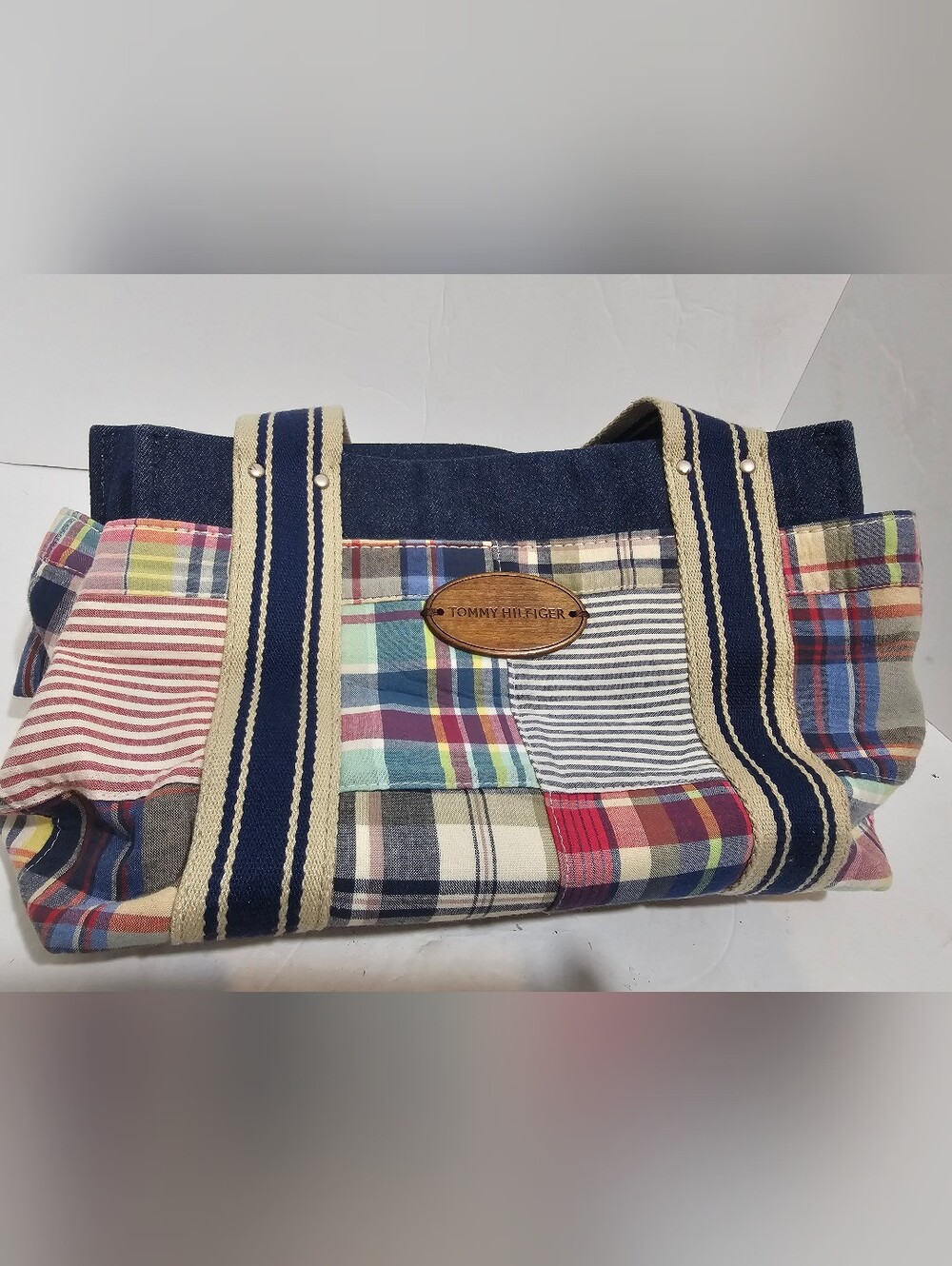 Tommy Hilfiger Plaid & Denim Tote Bag with Brown Handles Vintage Purse Bag